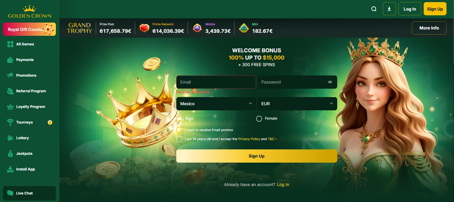 Golden Crown frontpage welcome bonus up to $15,000
