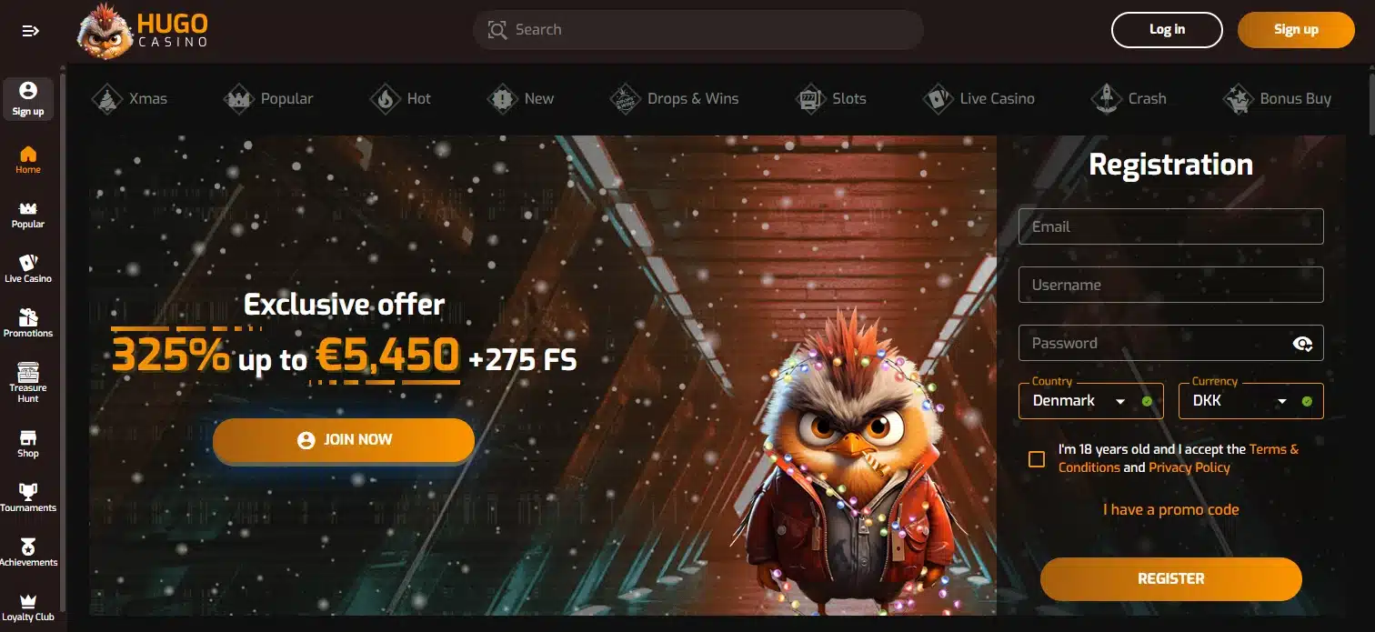 Hugo Casino frontpage with banner displaying their 325% welcome bonus