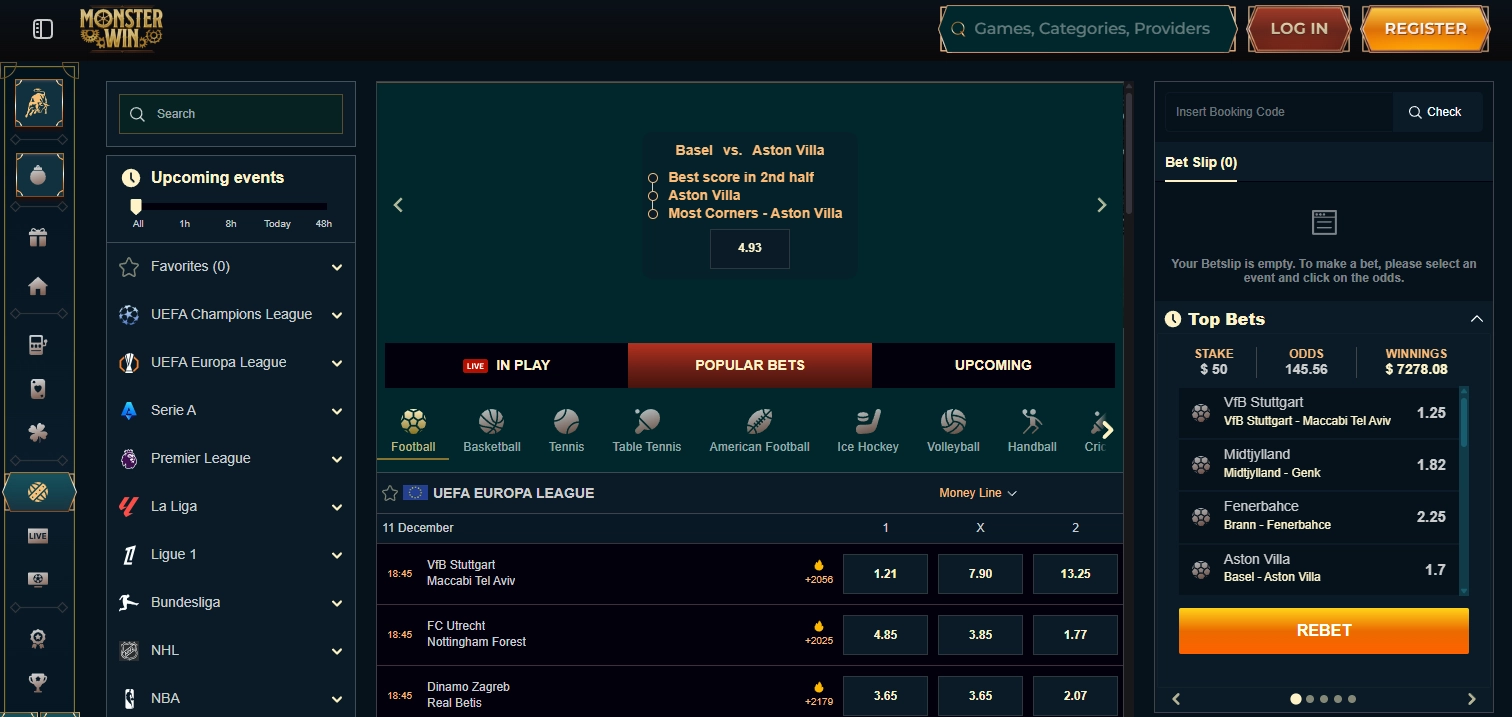 Monsterwin sportsbook for Aussies with popular bets displayed