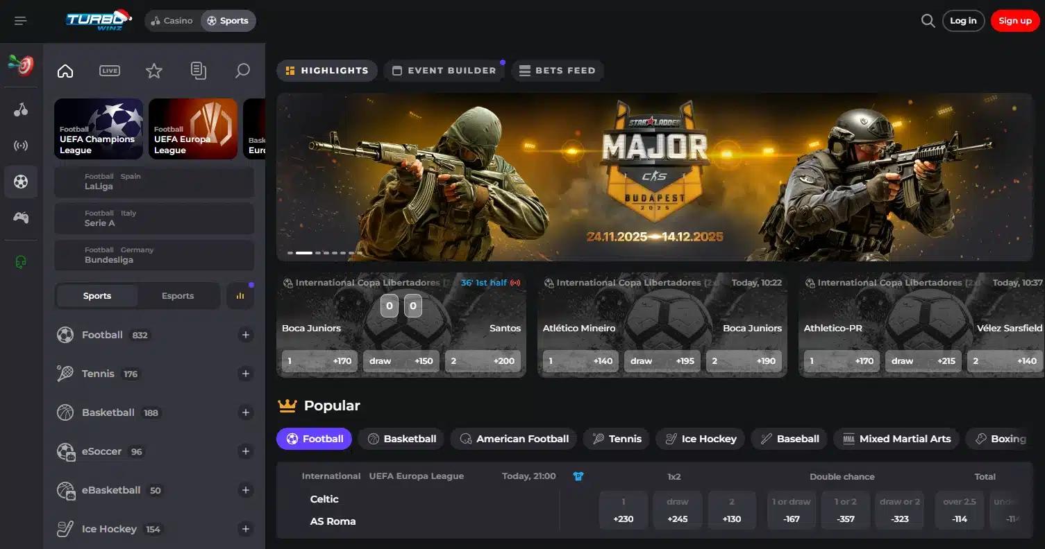 Turbowins betting page with betting markets for AU bettors